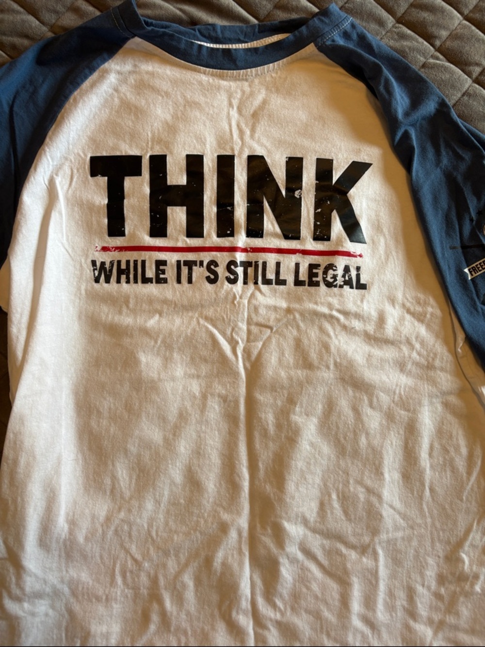 Think While It's Still Legal Raglan Tee - White & Navy. Large